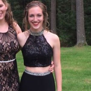 Black two piece dress beaded lace high neckline